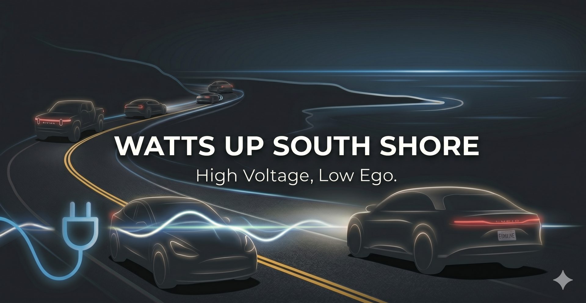 Watts Up South Shore. High Voltage, Low Ego. Electric vehicles connected by a current of light on a coastal road.